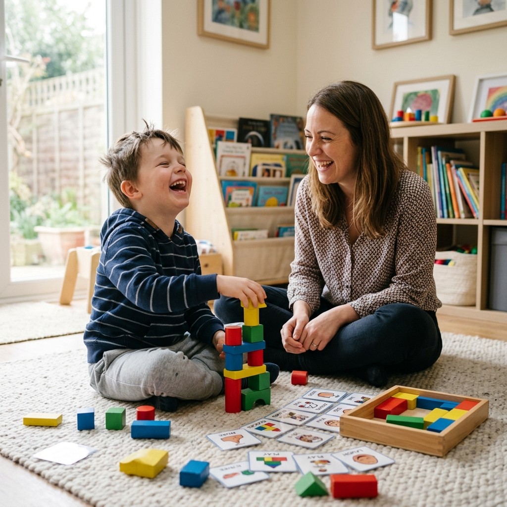 A child laughs with a therapist on a soft rug, building with colourful blocks and picture cards in a sunlit room.