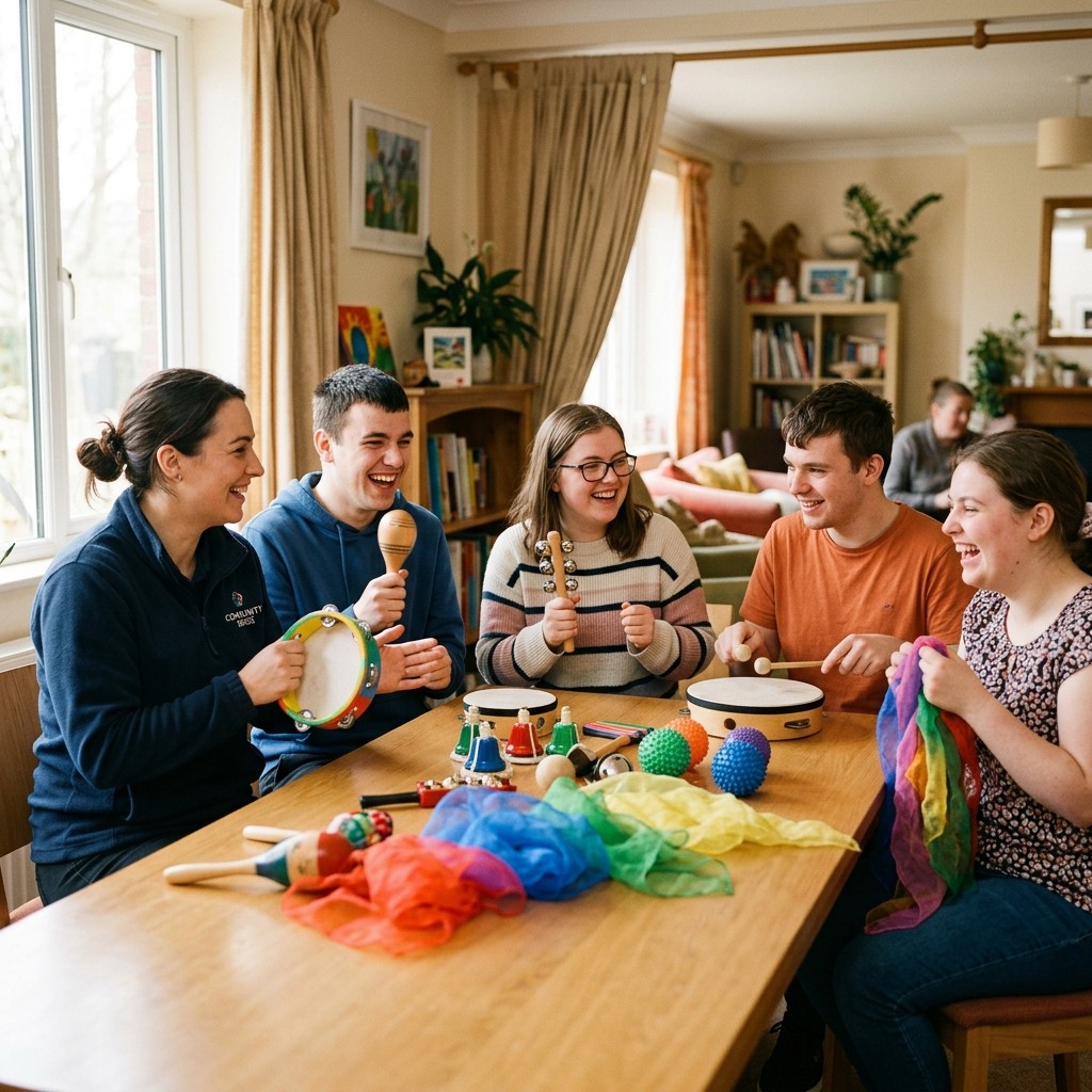 A small group of young people share a music and sensory activity together with a support worker nearby.