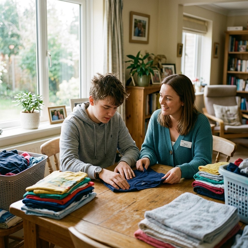 A support worker quietly helps a young person fold laundry at a sunlit dining table at home.