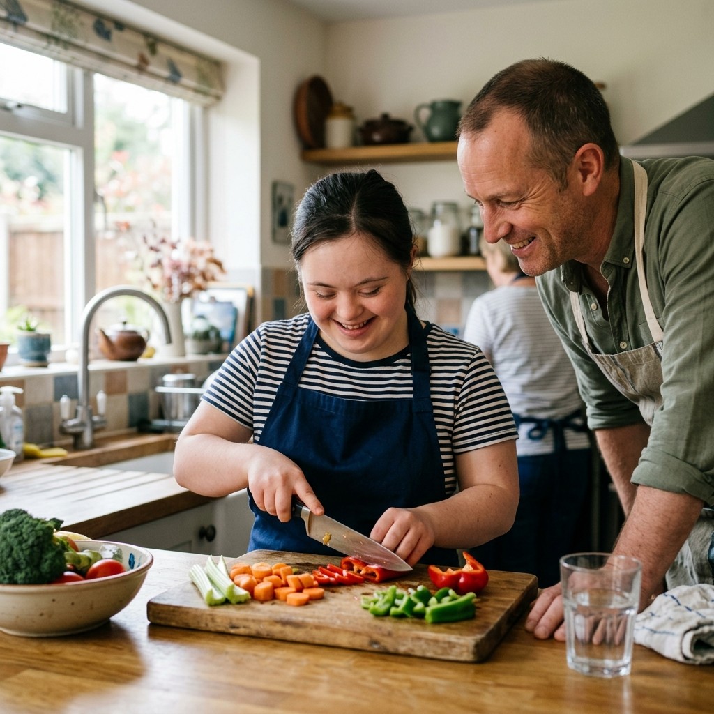 A young adult with Down syndrome chops vegetables on a wooden board in a bright kitchen, focused and proud.